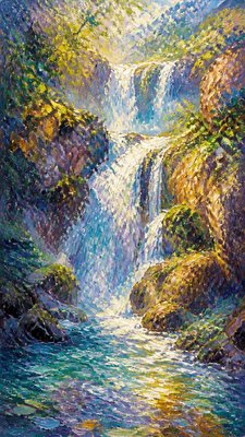 a cascading waterfall in a lush green gorge, no people