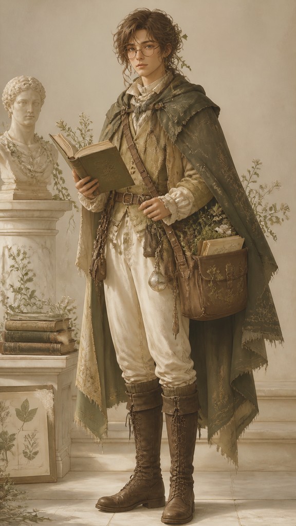 full-body original character: a wandering botanist with a satchel of plants, a patched green cloak, tall boots and round glasses, neutral background