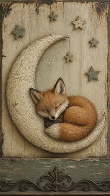 a sleeping baby fox curled on a crescent moon among soft stars, gentle and warm, no text