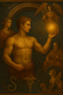 a painting of a man holding a golden orb