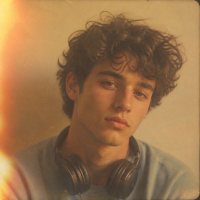 head-and-shoulders portrait of an original character: a young man with curly dark hair and headphones around his neck, plain backdrop, no text