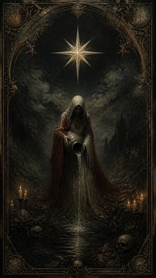 a robed figure pouring water beneath a large eight-pointed star in a night sky, symmetrical composition with an ornate decorative border, no text