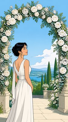an arch of white roses and eucalyptus in soft morning light, elegant vertical composition with open space, no text
