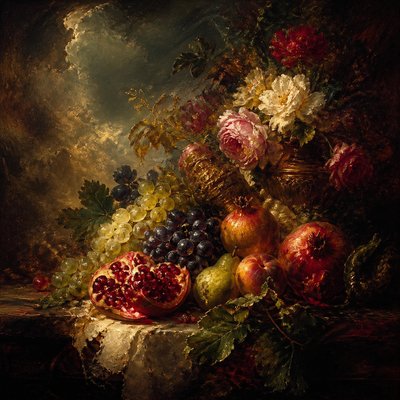 still life arrangement of fruits and flowers