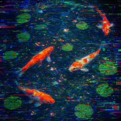 A koi pond seen from above, orange and white koi fish swimming among lily pads, clear water with subtle ripples, fallen cherry blossom petals floating on the surface, dappled sunlight