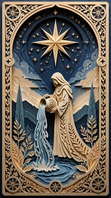 a robed figure pouring water beneath a large eight-pointed star in a night sky, symmetrical composition with an ornate decorative border, no text