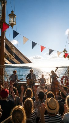 a live music scene with a glowing stage and silhouetted crowd, energetic vertical composition with open space at the top, no text