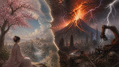 an erupting volcano with lightning strikes, dramatic wide composition, no text