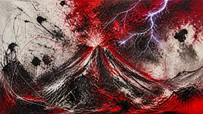 an erupting volcano with lightning strikes, dramatic wide composition, no text