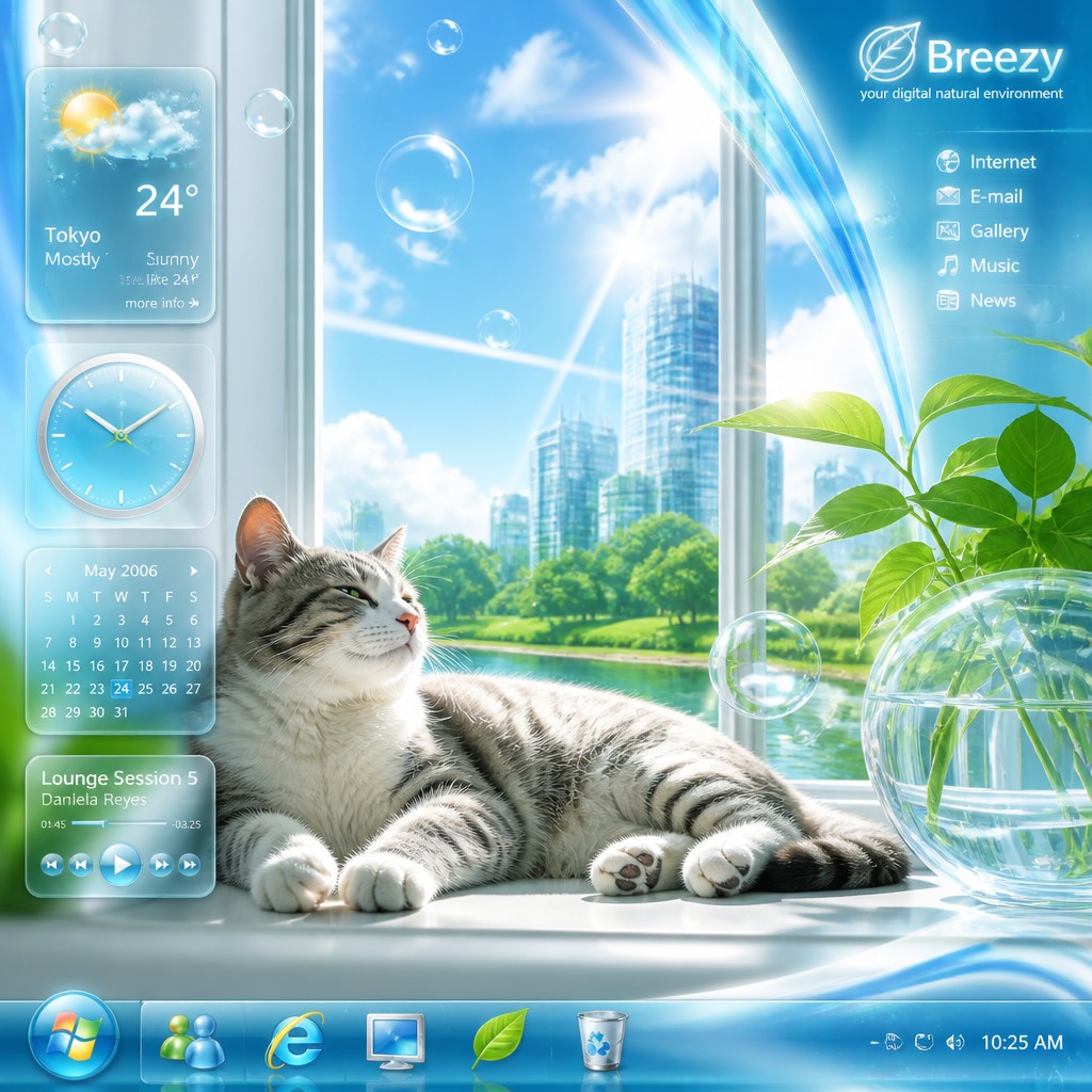 a cat lounging in a sunlit window — Frutiger Aero Aesthetic