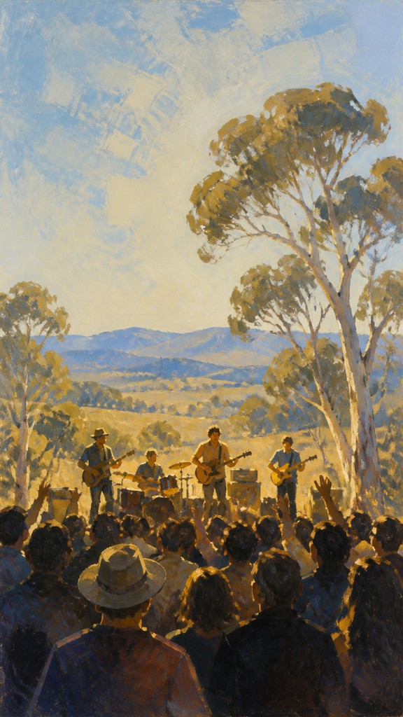 a live music scene with a glowing stage and silhouetted crowd, energetic vertical composition with open space at the top, no text