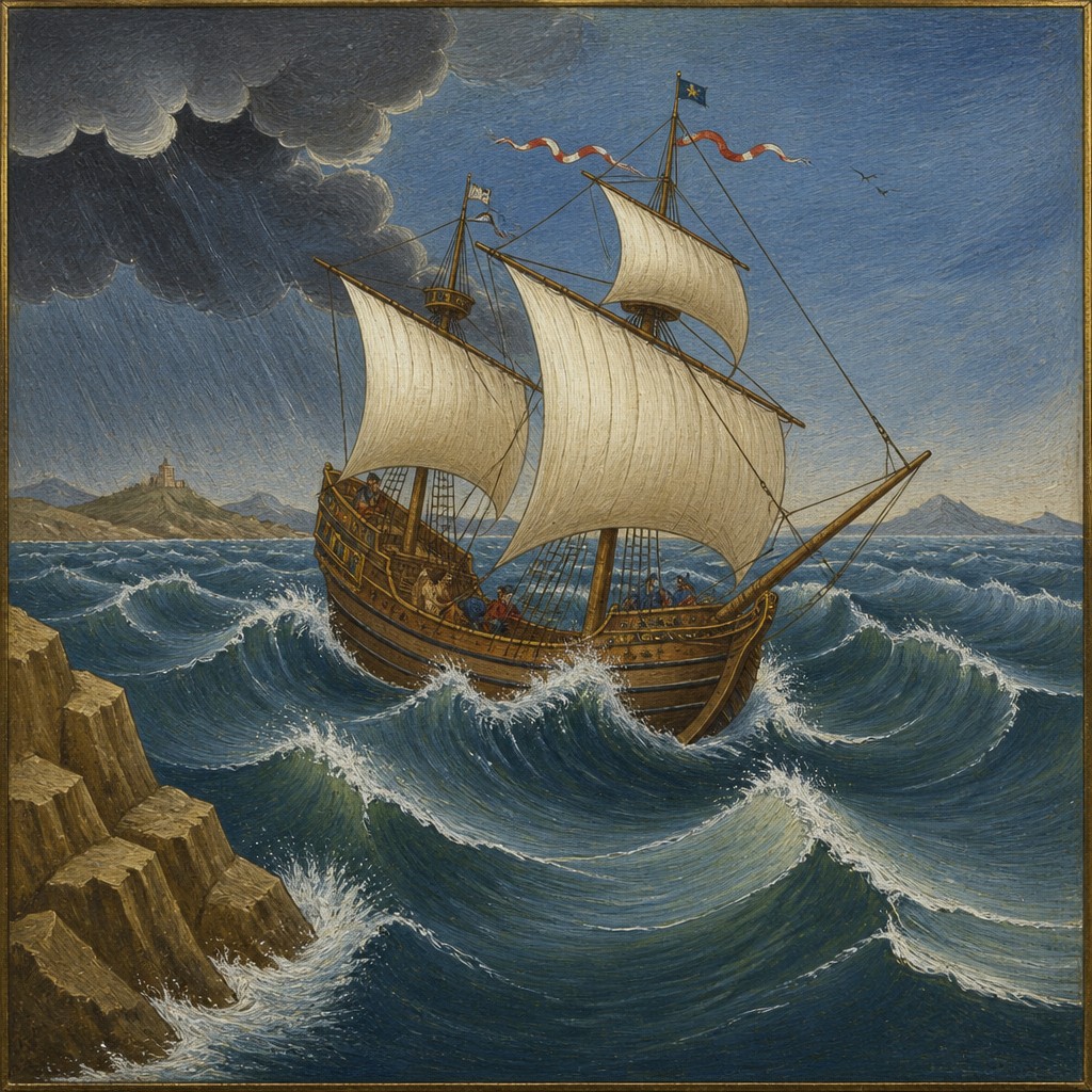 sailing ship on a stormy sea — Egg Tempera Painting Style