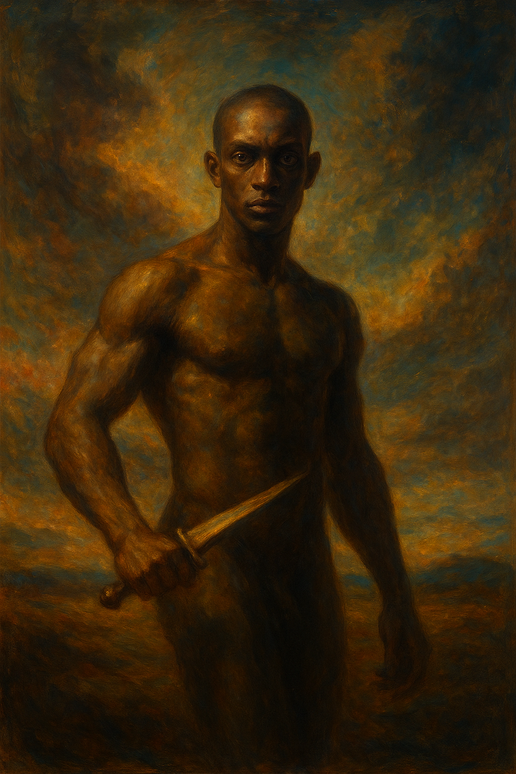 a painting of a man holding a knife