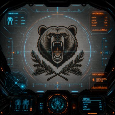 a roaring bear head above crossed pine branches, bold graphic composition on a plain background, no text