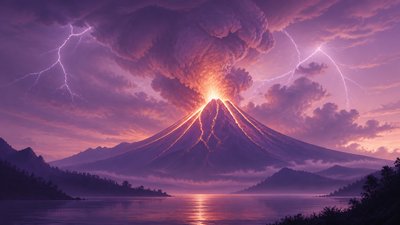 an erupting volcano with lightning strikes, dramatic wide composition, no text