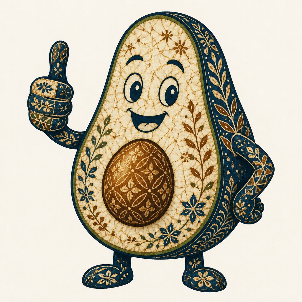 a happy avocado character giving a thumbs up, bold readable design on a plain background, no text