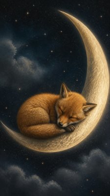 a sleeping baby fox curled on a crescent moon among soft stars, gentle and warm, no text