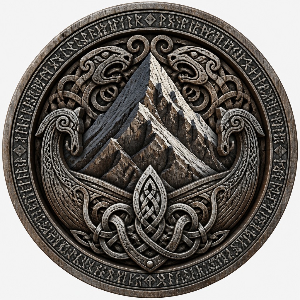 an emblem of a mountain peak inside a circle, simple bold shapes on a plain background, no text or lettering
