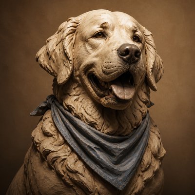 portrait of a golden retriever wearing a blue bandana, warm plain backdrop, no text