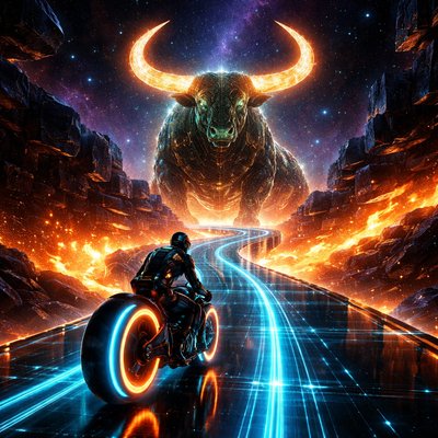 Neon-Futurism Digital Art Style, Bioluminescent Sci-Fi Cosmic Setting, Monolithic Scale. A perspective shot from behind the rider, looking toward a massive obstacle course in deep space.

The Rider & Bike Consistency: The lone motorcyclist—wearing the same sleek armored suit and helmet—is navigating the hubless "light-cycle" sportbike. The cyan and orange neon rings of the wheels reflect off the floating crystalline surfaces surrounding the road.

The Path & Eridanus: The glowing blue laser-grid highway winds through floating, geometric obsidian blocks. Weaving alongside and beneath the road is Eridanus, the Celestial River, rendered here as flowing, liquid fire. It isn't smoke or flame, but a stream of molten golden stars and glowing solar plasma that illuminates the dark undersides of the asteroids.

The Taurus Presence: Standing at the center of this labyrinth, spanning across the highway, is the monumental form of the Celestial Bull. He is composed of dense, glowing emerald and earth-toned circuitry. His massive, forward-curving horns are made of solid, brilliant starlight and form a natural "archway" that the highway passes beneath.

The Atmosphere: The scene is a high-contrast masterpiece. The cold, dark shadows of the geometric "city blocks" are cut through by the intense, flowing orange and gold light of the solar river.

Lighting: The "starlight horns" and the "river of fire" create a warm, amber glow that washes over the rider’s armor, contrasting sharply with the cool cyan glow of the bike's wheels.