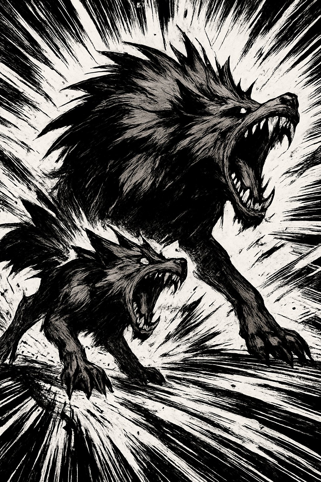 a black and white drawing of a wolf attacking another wolf