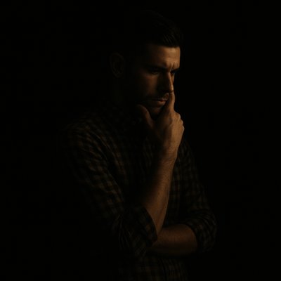 a man standing in the dark with his hand on his chin