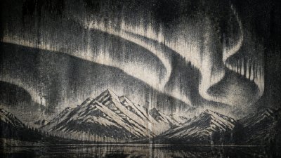 a flowing aurora over snowy peaks, wide sweeping composition, no people, no text