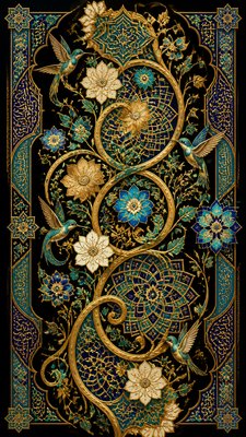 a climbing vine of flowers and hummingbirds on a dark background, tall wrapping composition, no text