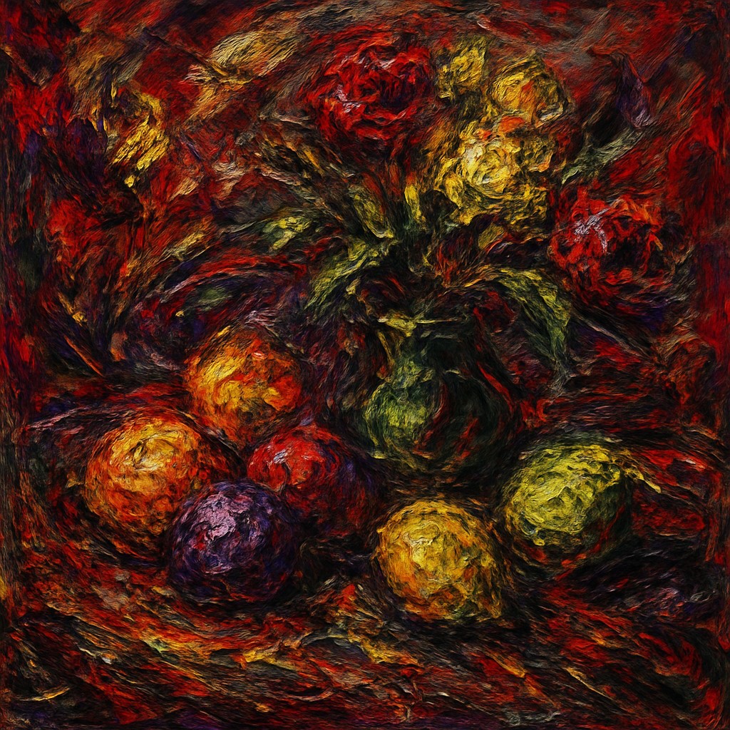 still life arrangement of fruits and flowers