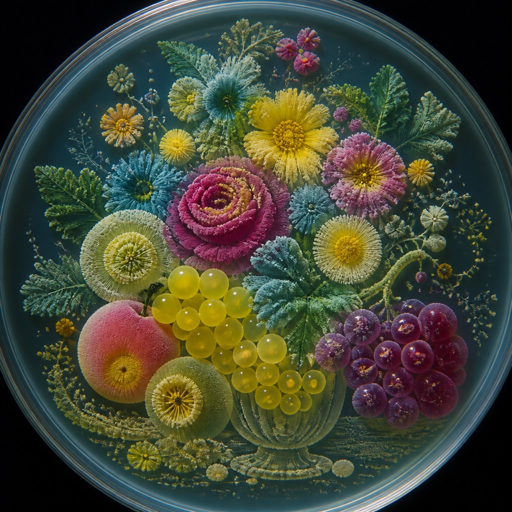 still life arrangement of fruits and flowers