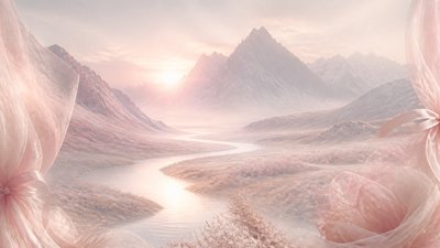 a vast valley with a river winding toward distant mountains at sunrise, no people, no text
