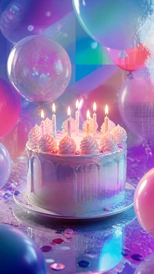 a birthday cake with lit candles surrounded by balloons and confetti, festive vertical composition, no text