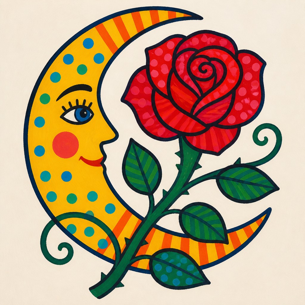 a rose entwined with a crescent moon, clean balanced composition on a plain background, no text