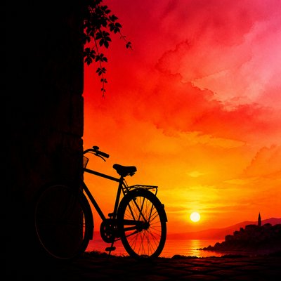 bicyle resting against a wall
