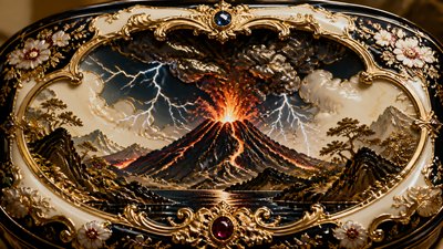 an erupting volcano with lightning strikes, dramatic wide composition, no text