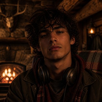 head-and-shoulders portrait of an original character: a young man with curly dark hair and headphones around his neck, plain backdrop, no text