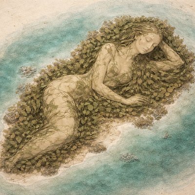 An island viewed from above, contains a goddess spirit. Leafy, no flowers. Goddess reclining looking sleepy and content
