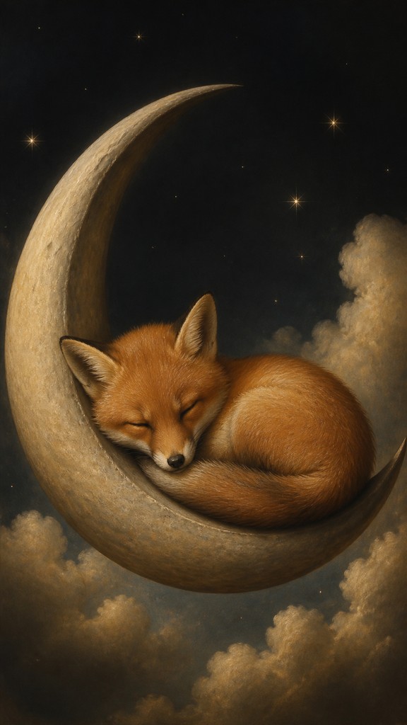 a sleeping baby fox curled on a crescent moon among soft stars, gentle and warm, no text