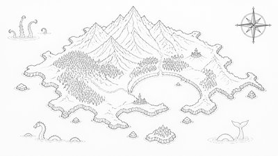 a map of an island realm with mountains, forests, a sheltered bay, sea monsters in the water and a compass rose, no text labels