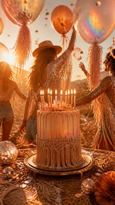 a birthday cake with lit candles surrounded by balloons and confetti, festive vertical composition, no text
