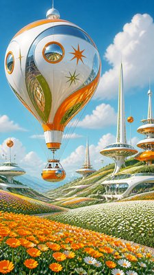 a hot air balloon drifting over rolling flower fields on a sunny day, cheerful, no text