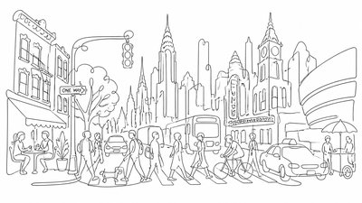 bustling city street panorama at dusk