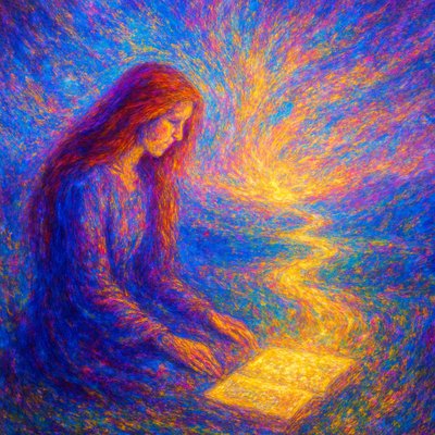 profound image representing the verse Psalm 119:15. The scene depicts a solitary lady with flowing, long red hair, in a posture of deep contemplation or meditation. She is seated or kneeling in a peaceful, natural setting – perhaps on a gentle hillside overlooking a tranquil landscape, by a calm body of water, or within a serene garden. Her expression is focused and reverent.

Before her, or subtly integrated into the scene, is an ancient scroll or open book, glowing with a soft, ethereal light, symbolizing God's precepts. Her posture and gaze are directed towards this source of wisdom, with a clear sense of 'fixing her eyes' on its profound truth.

Extending from the scroll/book, or subtly woven into the distant landscape, are luminous, ethereal pathways or guiding lights, representing 'Your ways' (God's ways). These pathways are clear and inviting, leading towards a bright, hopeful horizon, symbolizing divine guidance and understanding. The atmosphere is tranquil and reflective, bathed in soft, warm, golden light (perhaps dawn or dusk), signifying clarity and spiritual insight. The overall mood is one of peace, deep wisdom, divine guidance, and focused devotion, rendered with a beautiful, luminous quality."