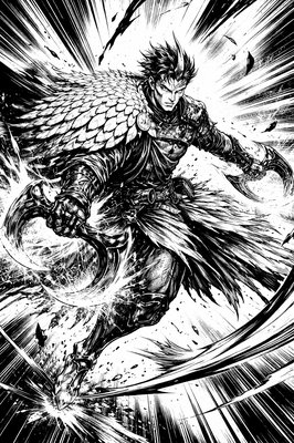 a black and white drawing of a man with a sword