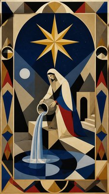 a robed figure pouring water beneath a large eight-pointed star in a night sky, symmetrical composition with an ornate decorative border, no text