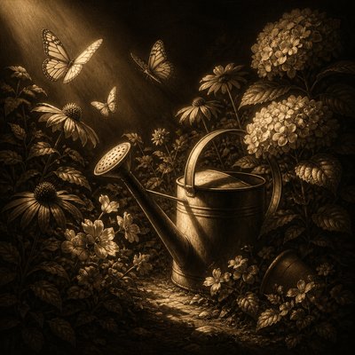 a garden scene with butterflies, flowers and a watering can, clean uncolored line art, no text