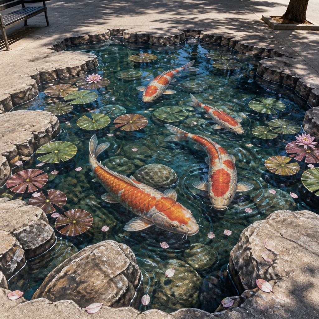 A koi pond seen from above, orange and white koi fish swimming among lily pads, clear water with subtle ripples, fallen cherry blossom petals floating on the surface, dappled sunlight