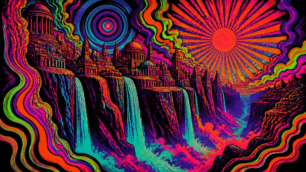 a cliffside city with waterfalls cascading into a misty canyon, wide establishing shot, no people, no text