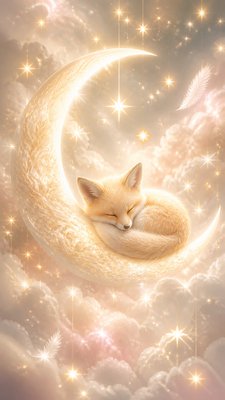 a sleeping baby fox curled on a crescent moon among soft stars, gentle and warm, no text