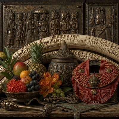 still life arrangement of fruits and flowers